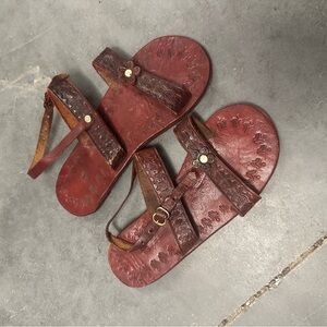 Vintage Brown Leather Sandals with Embossed Design